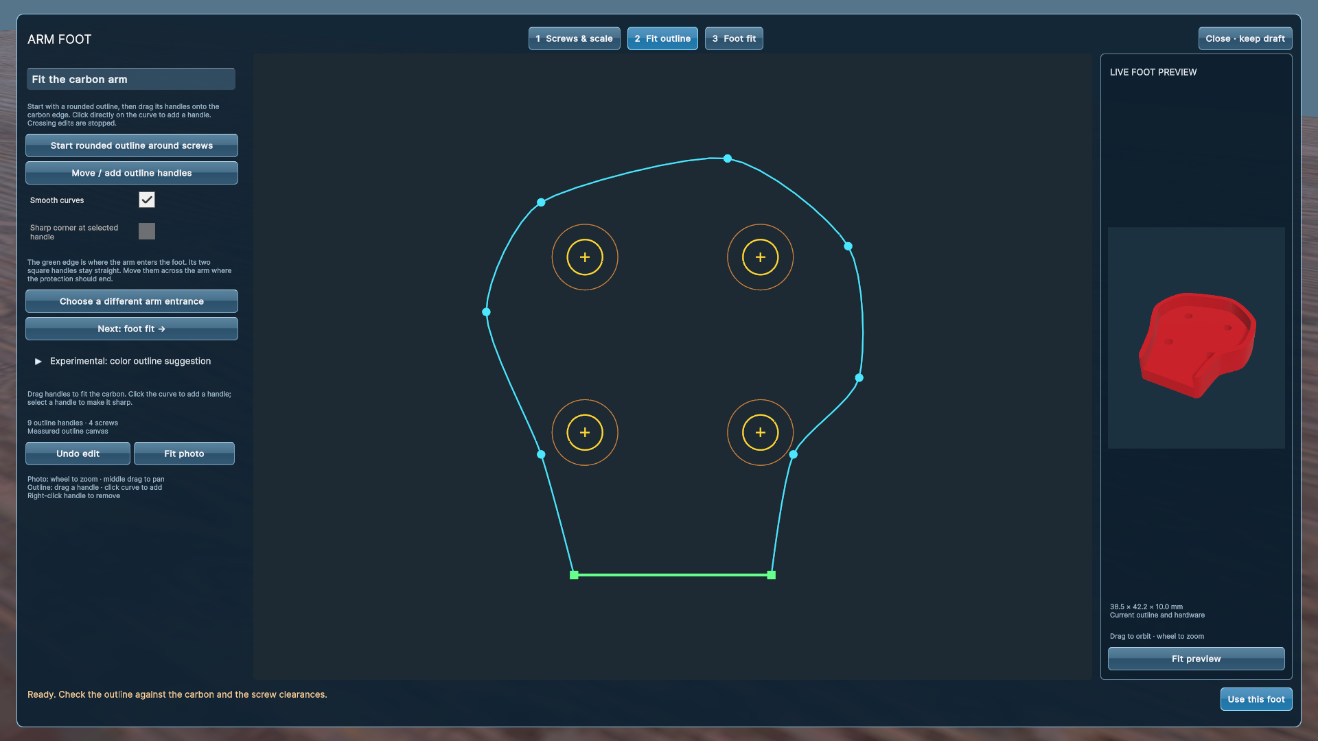 Arm-foot outline editor with four screw markers and a live foot preview