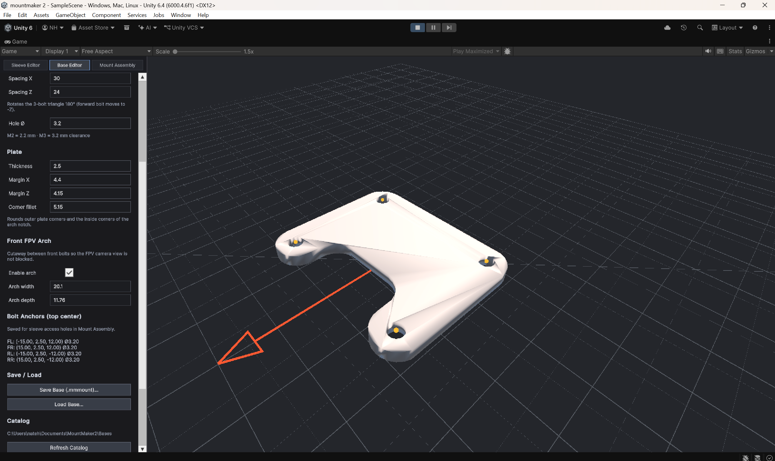 Early Mount Maker rewrite in Unity showing a white four-bolt base and adjustable arch.