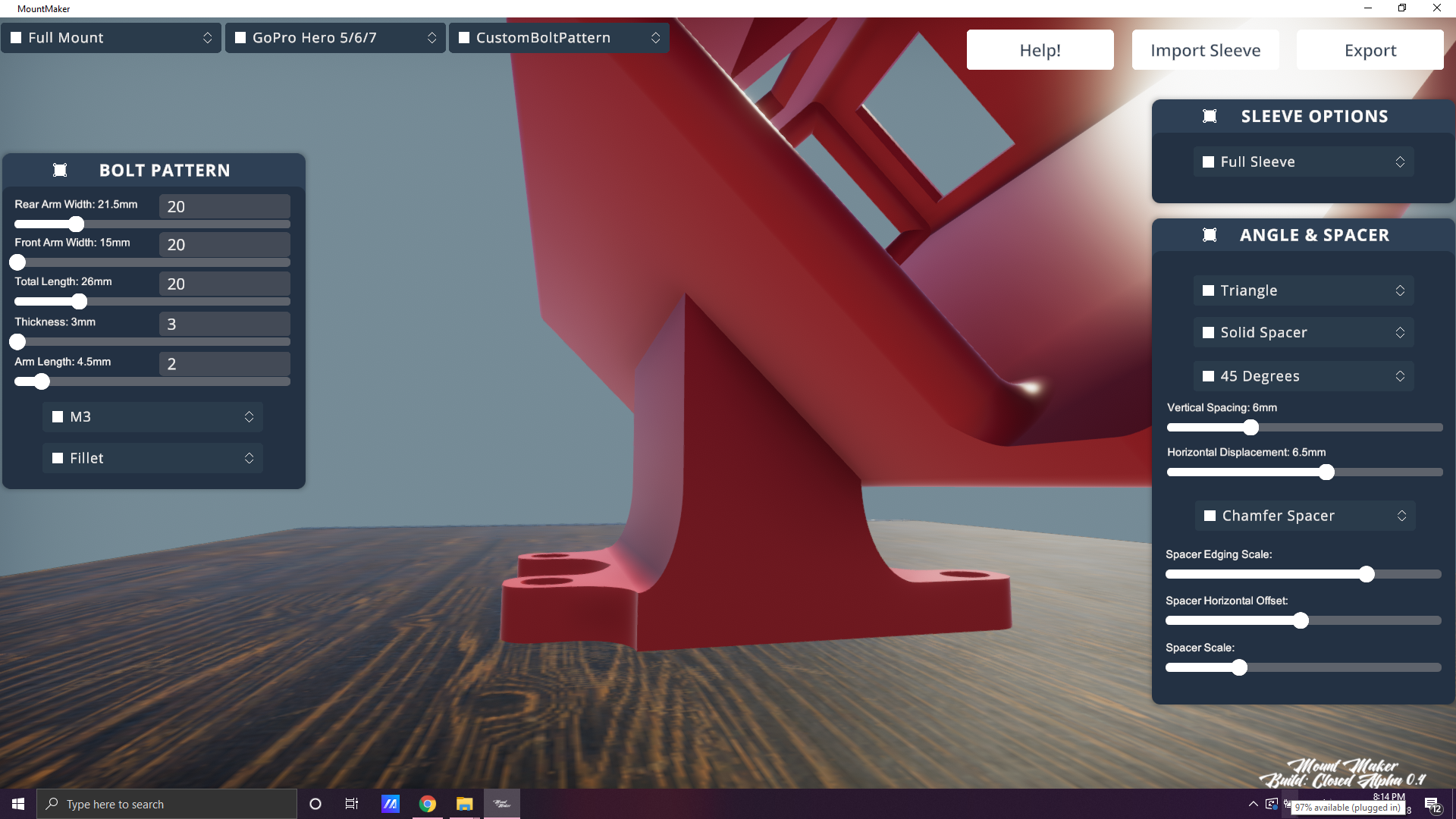 Mount Maker Alpha 0.4 showing spacer edging and bolt-pattern controls.