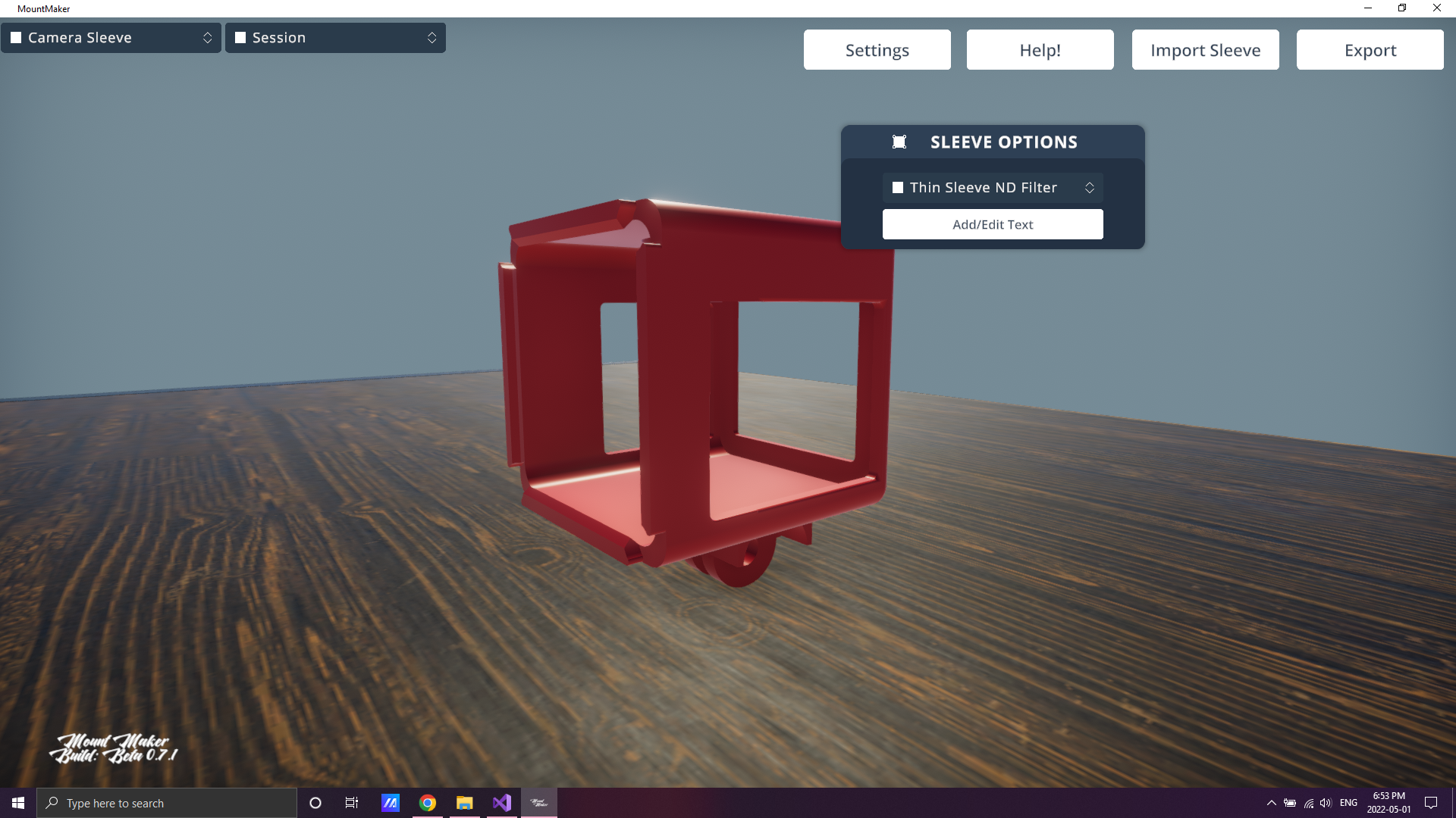 Mount Maker Beta 0.7.1 showing a red Session sleeve with ND filter options.