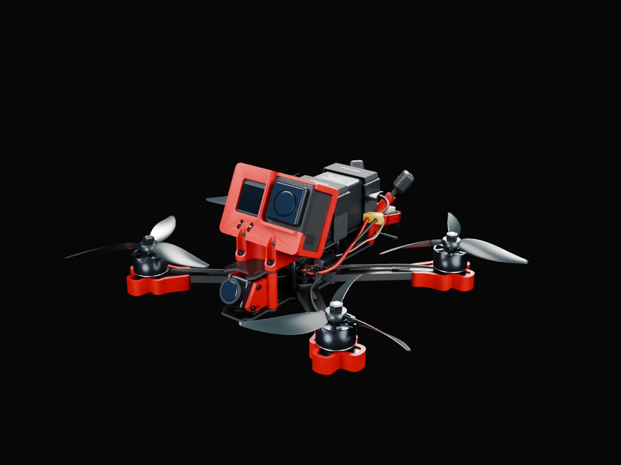 A complete FPV drone with red Mount Maker arm protectors, FPV camera tabs, electronics tray, rear antenna and GPS mount, and action camera sleeve.