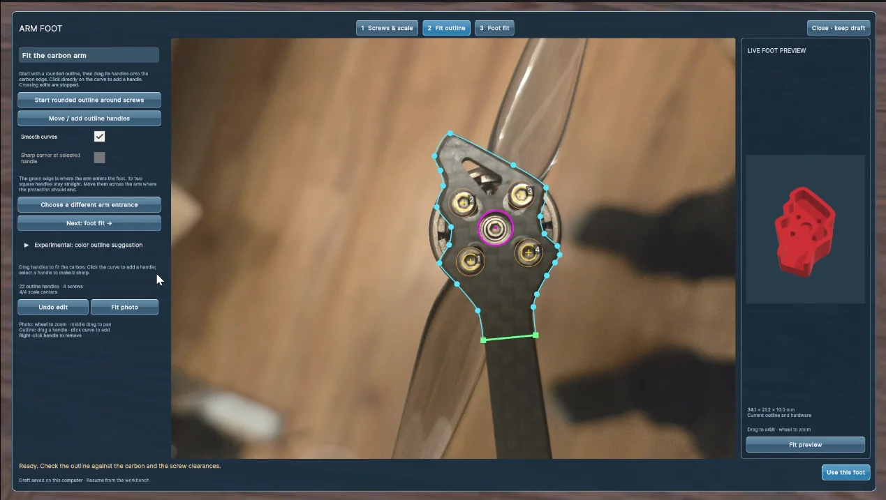 A drone arm photo with editable outline points, screw centers, and a red arm-protector preview.