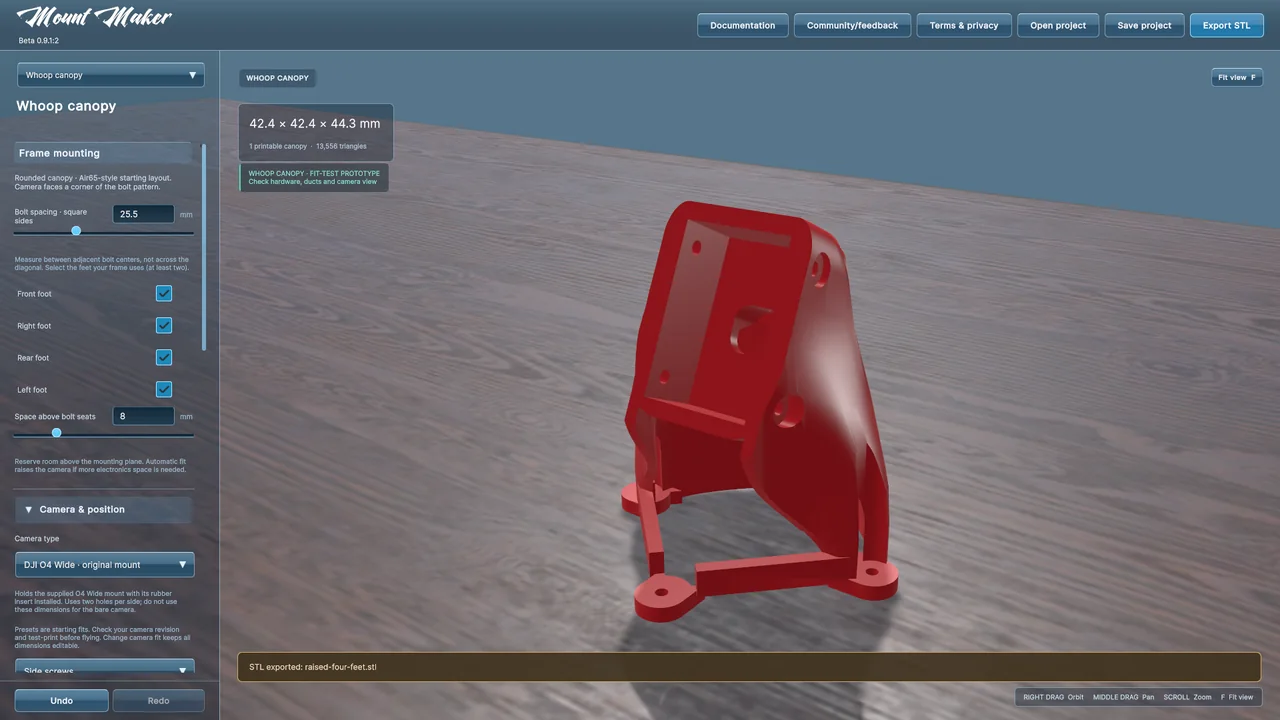 Mount Maker whoop canopy editor with camera placement and canopy fit controls.
